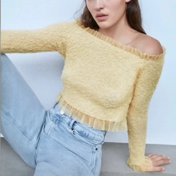 Zara NWT light yellow off shoulder long sleeve textured mesh ruffle trim top - Picture 5 of 10